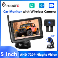Podofo Car Rear View Monitor 5Inch Dashboard Waterproof IP69 Rearview Camera IPS HD Touch Screen Backup Monitor Wireless Cam