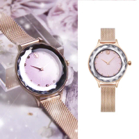 【SWAROVSKI 施華洛世奇】Octea Nova系列 玫瑰金框 粉色面 外圈水晶 米蘭錶帶 優雅手錶 女錶(5650011)