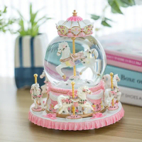 Gemoy - CASTLE SNOW GLOBE CAROUSEL Music Box with snow globe - Kotak Musik merry go round dengan bol
