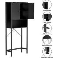 Freestanding Space Saver Toilet Stands With 2 Hooks Bathroom Furniture Over-The-Toilet Storage Cabinet Rack Black Home