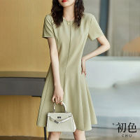 【初色】簡約純色收腰連身連衣裙洋裝-淺綠色-66961(M-2XL可選)