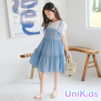 【UniKids】中大童裝假兩件短袖洋裝 荷葉袖蛋糕裙 女大童裝 VW22017(連身裙)