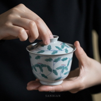 景德鎮純手工手繪復古青花瓷二才蓋碗中式泡茶杯陶瓷家用小號單個