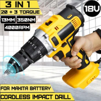 20+3 Torque 13mm Electric Cordless Impact Drill 3 in 1 Rechargeable Hammer Drill Screwdriver Power Tool for Makita 18V Battery
