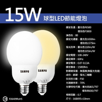 【聲寶SAMPO】LB-P15G球型LED節能燈泡15W(晝光色/燈泡色)泛周光 省電 不閃爍 CNS檢驗