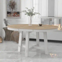 Round Dining Table, Wood Extendable Kitchen Table with 16" Leaf, Round Top Tabletap and X Trestle Pedestal Base