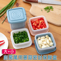 【Mega】2組4盒 廚房萬用蔥蒜密封保鮮盒(密封罐 大+小 瀝水 收納 冰箱保鮮)