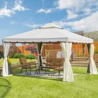 Outdoor Canopy Gazebo,12' x 12' Double Roof Patio Gazebo Steel Frame with Netting and Shade Curtains for Garden,Patio