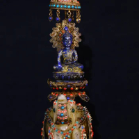 14"Tibetan Temple Collection Old Natural Crystal mosaic Dzi Beads Buddha umbrella Shakyamuni sit elephant statue worship buddha