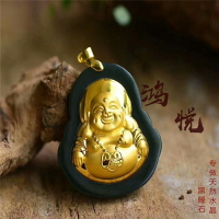金鑲玉墨玉吊墜3D玉佛佛公彌勒佛玉墜男女情侶款玉石掛件