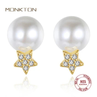 Monkton S925 Sterling Silver Handpicked White Freshwater Pearl Earrings for Women 14K Gold Plated Star Stud Earring Fine Jewelry