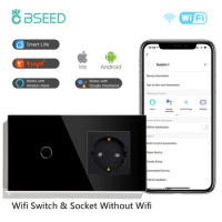 Bseed WIFI Smart Touch Switch Light Switch With Normal Socket Glass Panel Switches Work With Tuya Smart Life Google Alexa