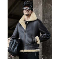 Mens Black Sheepskin Shearling Jacket B3 Airforce Flight Coat Short Leather Jacket Plus Size Thick Fur Coat