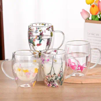 Heat Resistant Dry Flowers Cup High Borosilicate Glass Simple Double Wall Glass Cup With Handle Floral Trends Espresso Milk Mug