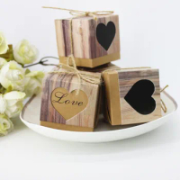 20/50pcs Romantic Retro Heart Favor Boxes Kraft Paper Square Candy Gift Box With Rustic Burlap Twine Wedding Party Supplies