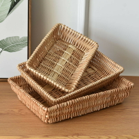 藤編收納框置物籃子零食水果盤雜物編織展示籃淺盤廚房貨架竹筐