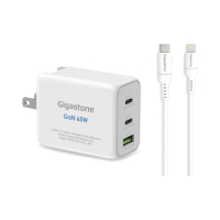 【GIGASTONE 立達】GaN 65W氮化鎵Type-C三孔急速快充充電器 + C to Lightning MFi充電線(iPhone蘋果充電頭)