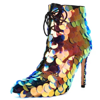 HOT Luxury Women Ankle Boots Sequined Gold Silver Short Boot Female Sexy High Heels Point Winter Party Dance Shoes Large Size 48