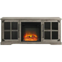 TV cabinet, wooden and glass fireplace TV stand with 2 cabinet doors, suitable for gray TVs up to 65 inches and 60 inches
