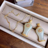 Natural Hetian Jade Vase Diamond Pendant Necklace Chinese Style Retro Unique Craft Light Luxury Charm Women's Silver