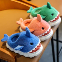 Cute Cartoon Shark Cotton Slippers Children's Non-slip Soft Sole Slides Kids Girls Baby Boys Winter Warm Plush Home Shoes Kawaii