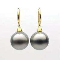 9K Yellow Gold AAA Round Gray Tahitian Cultured Pearl Hook Drop Earrings 10-11MM