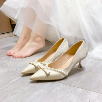 高跟鞋女年新款夏季珍珠低跟單鞋仙女風伴娘鞋法式婚鞋大碼鞋