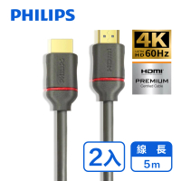 【Philips 飛利浦】2入組-HDMI 2.0☆公對公☆4K60Hz☆5m 影音傳輸線(SWV5653G)