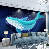 2021新款電視背景墻壁紙手繪鯨魚客廳臥室酒店賓館餐廳墻紙8d壁畫