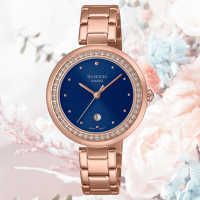 CASIO 卡西歐 SHEEN 輕奢華水晶錶圈蜜桃金淑女錶-藍色 SHE-4556PG-2A 防水50米