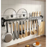 廚房用品多功能置物掛架(黑色80cm14鈎可放鍋蓋)(尺寸:80*10*4.5CM)
