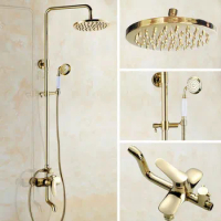 Shower Faucets Gold Brass Bathroom Shower Mixer Tap Faucet Set Rain Shower Head Round Wall Mounted Bathtub Faucet agf312