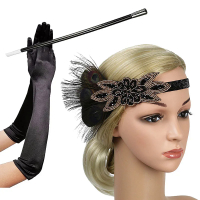 KKWomen Great Gatsby Party เครื่องแต่งกายอุปกรณ์เสริมชุด1920S Flapper อุปกรณ์เสริม Feather Headband ถุงมือผู้ถือ3 Packq11