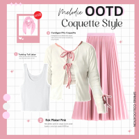 OOTD Wanita Kekinian Remaja | Blouse Coquette  Pita Rib  Putih , Rok Plisket  Soft Pink  | 1 Set Baj