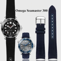 Arc nylon Leather Bottom watch Band 20MM for Omega Seamaster 300 Speedmaster Observatory 210.30 Blue Canvas Fabric Watch Strap