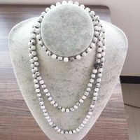 Hand Knotted 42inch/60inch Long Necklaces Nature Stone 8MM White Howlite Necklace Endless Infinity Beaded Yoga Mala Beads