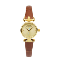 【Vivienne Westwood】金框 金面 放射造型錶盤 棕色皮革錶帶 小錶盤 女錶 23mm(VV090GDBR)