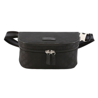 【GUCCI 古馳】449182 經典GG LOGO尼龍皮革飾邊胸腰包/斜背包(黑色)