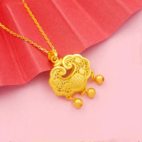 Pure 14K Gold Pattern Small Block Pendant Necklaces for Women Baby 999 Gold Color Trendy Necklaces Chain Fine Jewelry Gifts