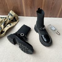 香港楊冪同款鞋厚底彈力襪子靴女瑪麗珍文藝短靴粗跟jk制服小皮鞋