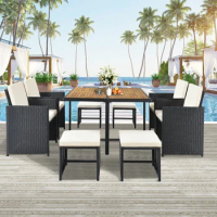 Patio Dining Set Wicker Outdoor Chairs Wooden Tabletop Cushioned Sectional Conversation Set Space Saving Patio Dining Set