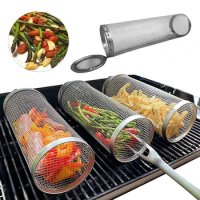 Round BBQ Basket Stainless Steel Rolling Grilling Basket Wire Mesh Cylinder Grill Basket Portable Outdoor Camping Barbecue Rack