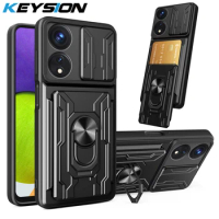 KEYSION Shockproof Case for OPPO A78 5G A98 5G Card Bag Slide Camera Lens Protection Ring Stand Phone Cover for OPPO Reno8 T 5G