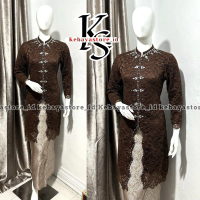 (Free Hijab) Kebayastore.id Setelan Kebaya Modern Tunik Busui Ivory Zigzag Payet Mewah Rok Songket L