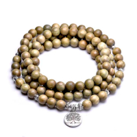 8MM Wood Mala 108 Beads Bracelets Green Sandalwood Life Tree Charm Buddha Healing Yoga Meditation Jewelry