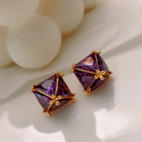 AMINI Anting Wanita Korean style Bentuk Crystal Ungu Square Anti karat dan Anti Luntur Anting Wanita