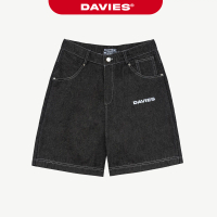 Quần short jean phối viền thêu chữ DAVIES nam nữ ống rộng lửng phong cách hiphop Original Denim| D-Q