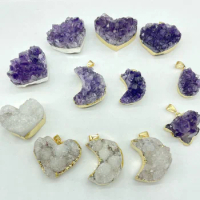 High Quality Natural Gem Stone Quartz Crystal Geode Amethyst Heart Moon Pendant Charms For DIY Jewelry Making Necklaces 4Pcs