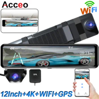 ACCEO 4K WIFI Dashcam 12Inch Car DVR RearView Mirror Recorder Dash Cam Support 1080P Sony Black Box Rear View Camera Acesssories