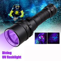 แสง UV/แสงสีขาว100ม. 365-395Nm ไฟฉายไฟฉายแอลอีดีกันน้ำดำน้ำใต้น้ำโคมไฟสีม่วงใช้แบตเตอรี่18650
